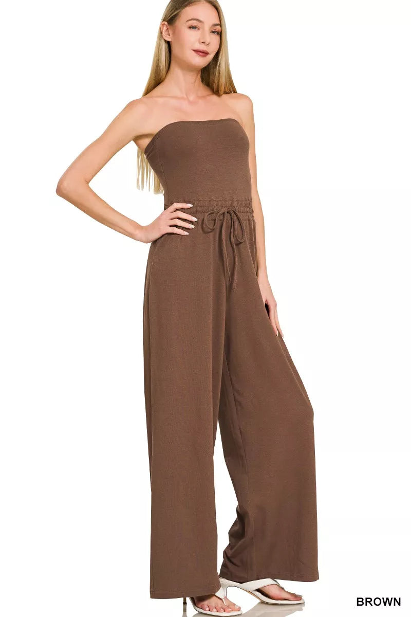 Brown Zenana Tube Top Jumpsuit With Drawstring Waist 2