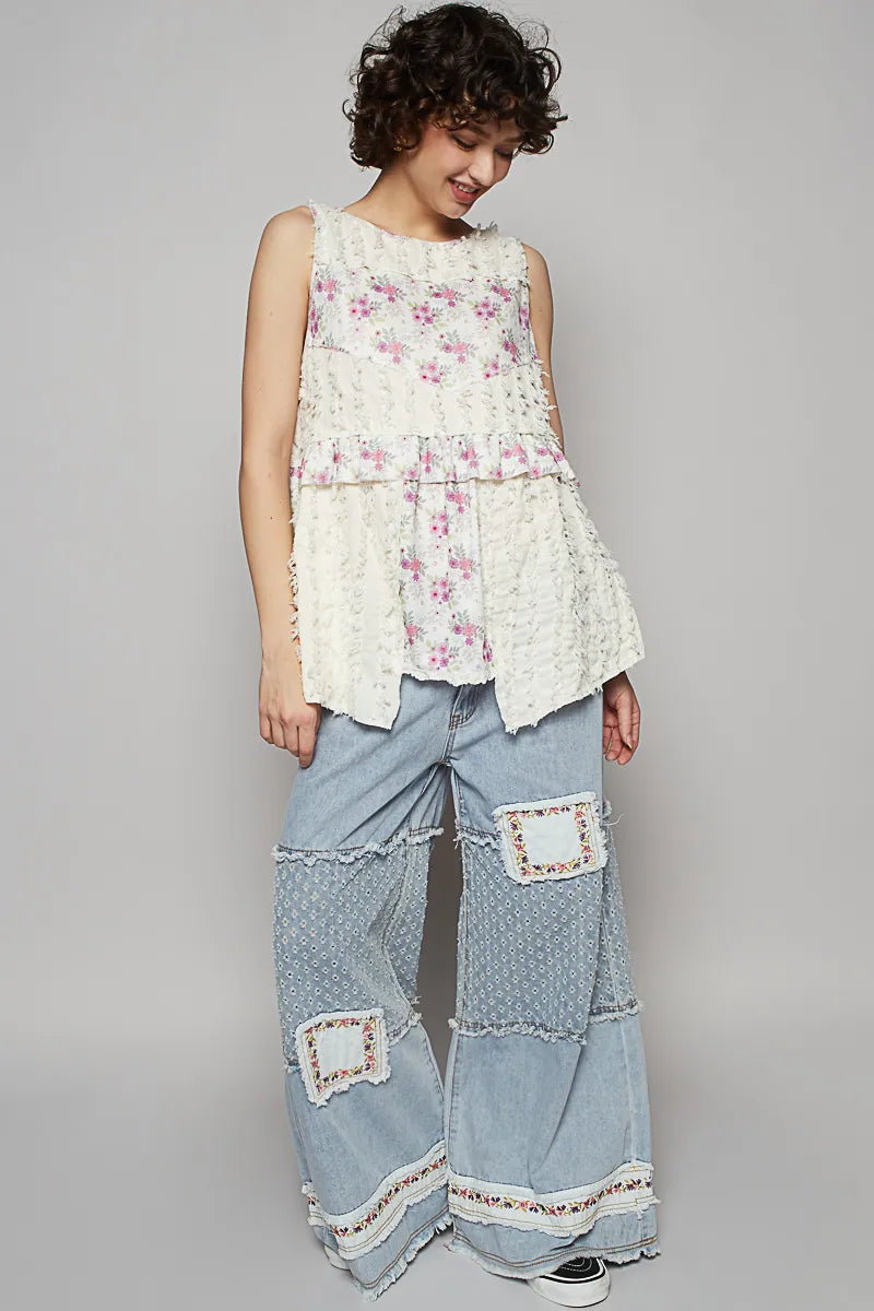 Ivory Pol Floral Textured Round Neck Sleeveless Top