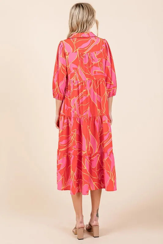 Coral Mittoshop Tiered Printed Collared Neck Midi Dress