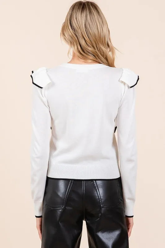 Mittoshop Contrast Trim Ruffled Round Neck Knit Top