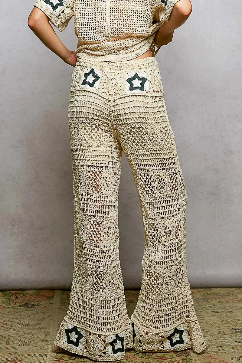 Pol Openwork Crochet Flare Pants With Contrast Star 1