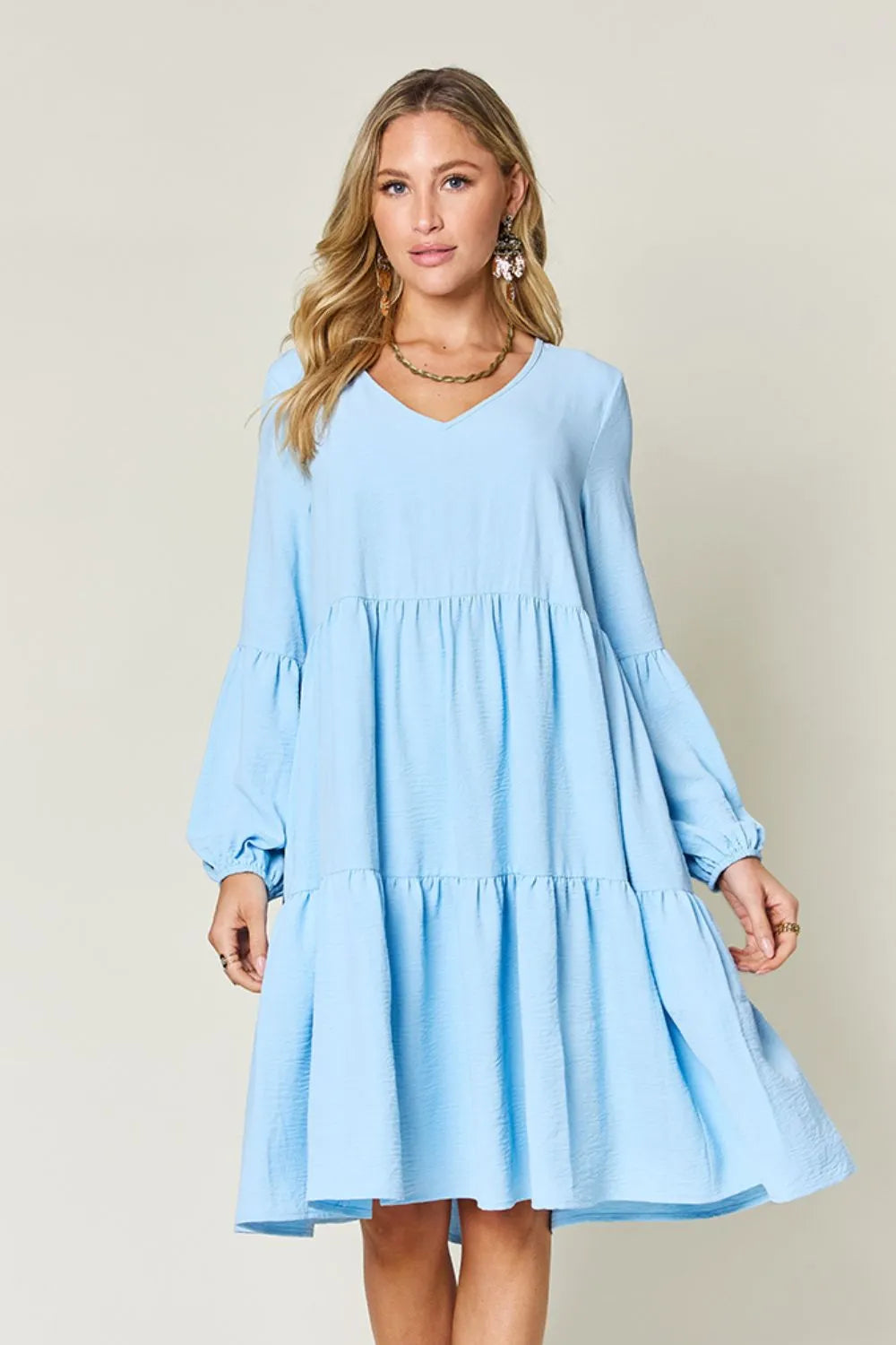 Light Blue Double Take Full Size V Neck Balloon Sleeve Tiered Dress With Pockets