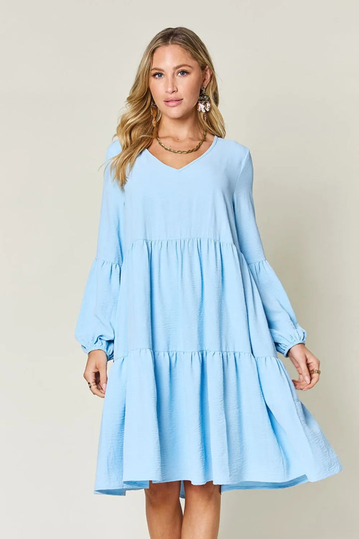 Light Blue Double Take Full Size V Neck Balloon Sleeve Tiered Dress With Pockets