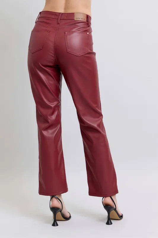 Red Judy Blue Full Size High Waist Tummy Control Faux Leather Straight Pants Plus Size