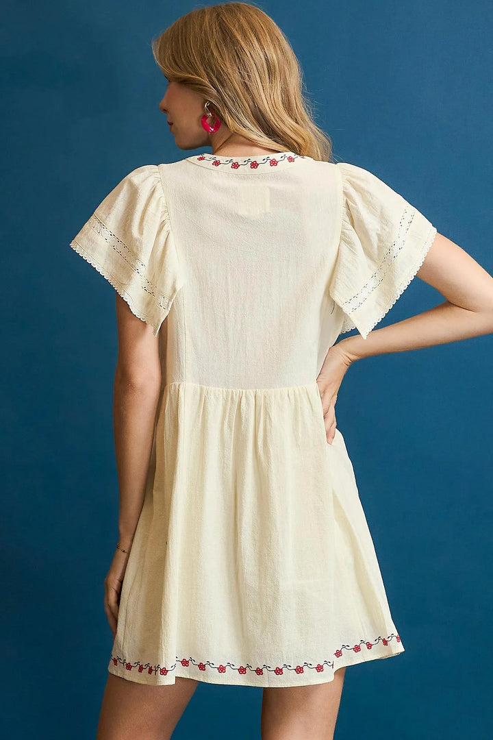 Ivory Umgee Embroidered Floral Flutter Sleeve Mini Dress