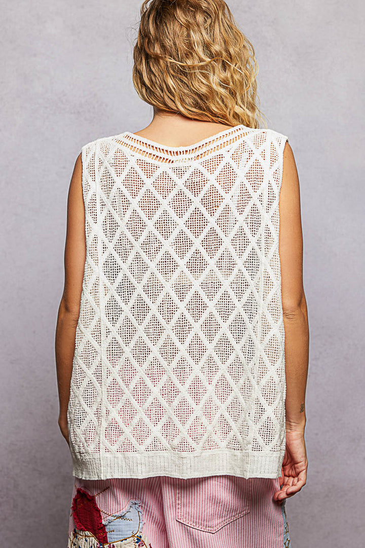 Pol V Neck Crochet Tank With Diamond Weave Knit Patterns