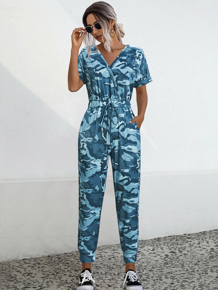 Sky Blue Drawstring Waist Short Sleeve Jumpsuit
