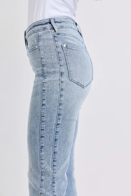 Lt Judy Blue Full Size Mid Rise Rhinestone Side Panel Detail Flare Jeans Plus Size