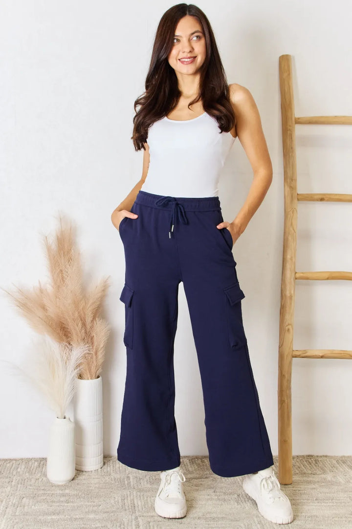Dark Blue Risen Drawstring Relaxed Cargo Wide Leg Pants