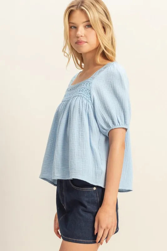 Blue Hyfve Crochet Detail Puff Sleeve Peasant Top 1