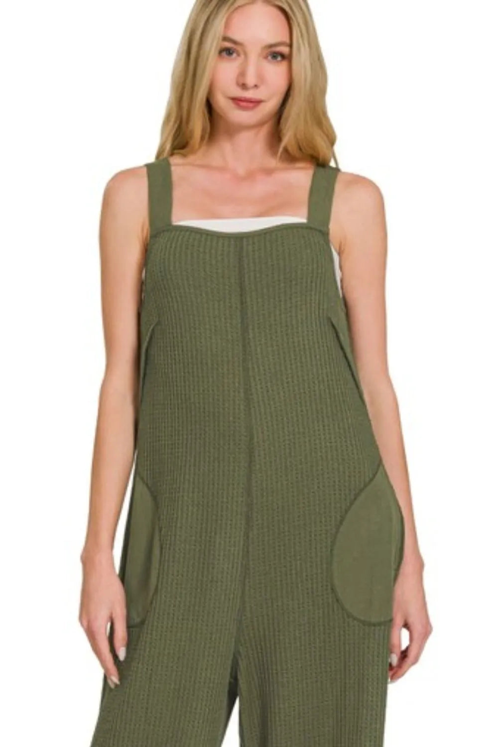 Dk Olive Zenana Knit Waffle Wide Leg Overalls 4