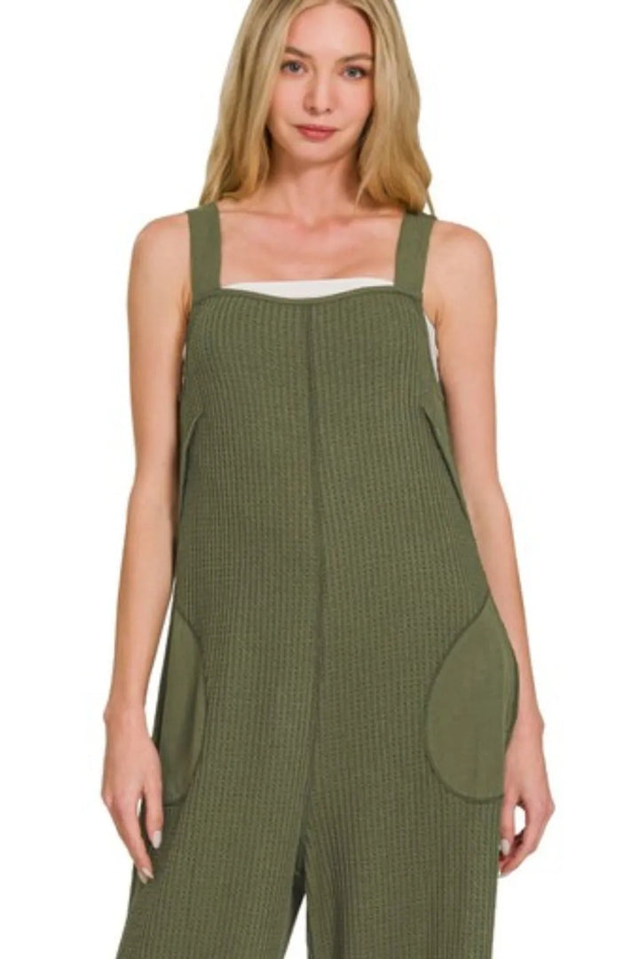 Dk Olive Zenana Knit Waffle Wide Leg Overalls 4