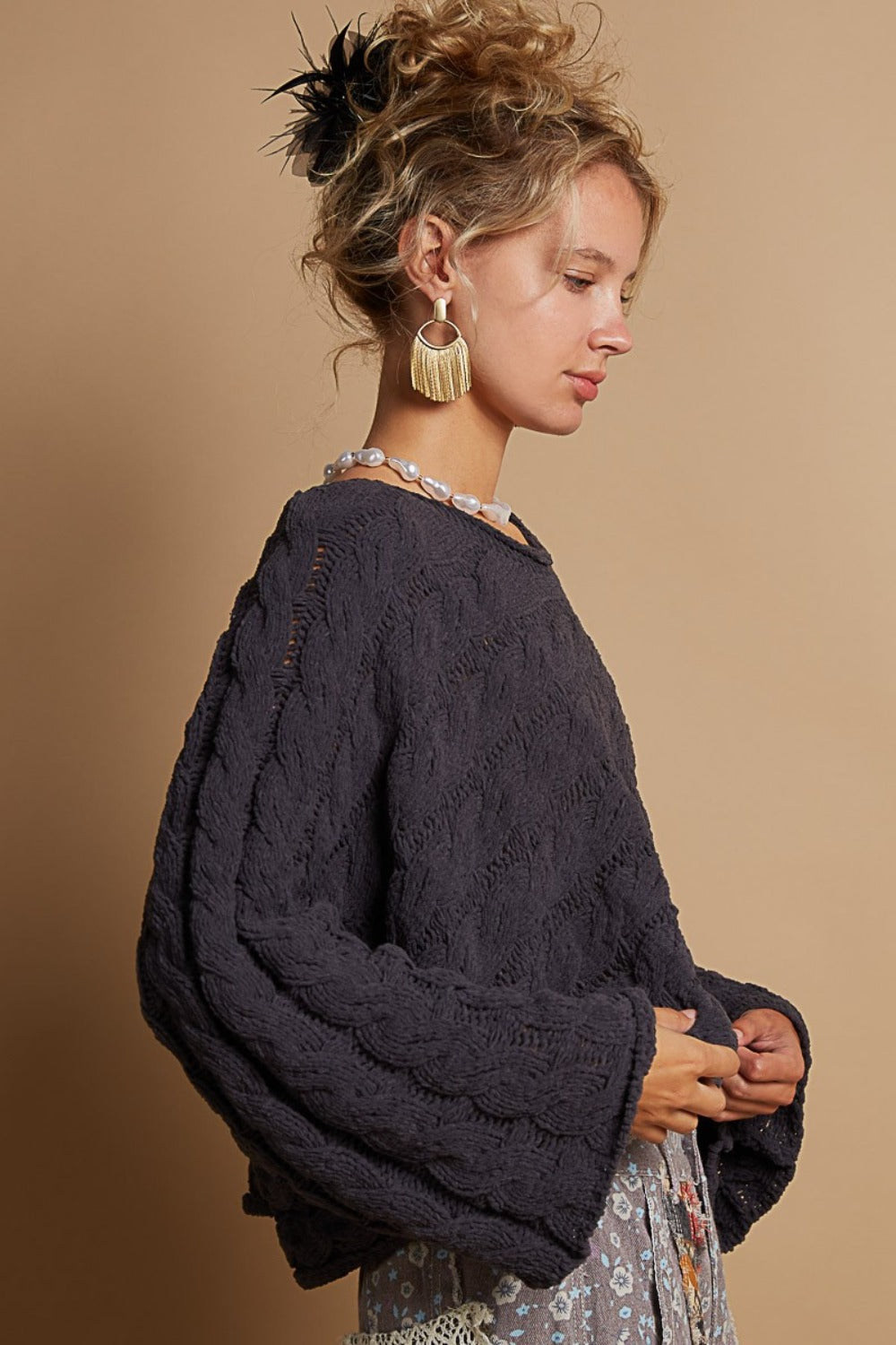 Charcoal Pol Round Neck Cable Knit Cropped Sweater