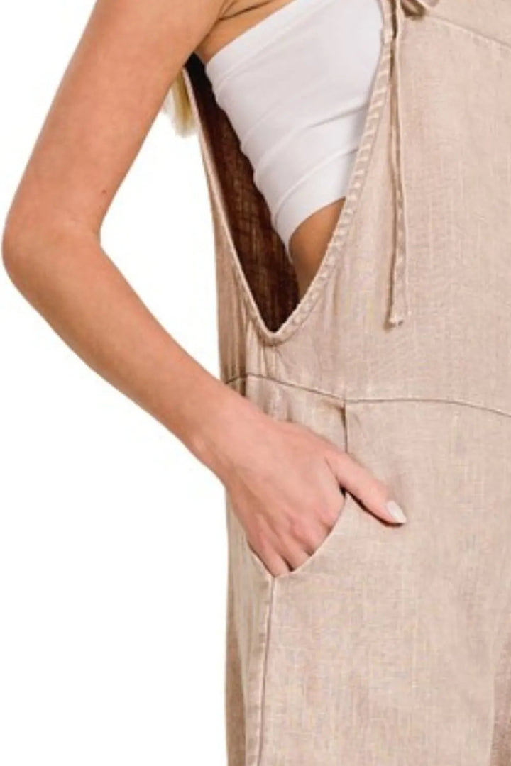Ash Mocha Zenana Washed Linen Knot Strap Rompers 4