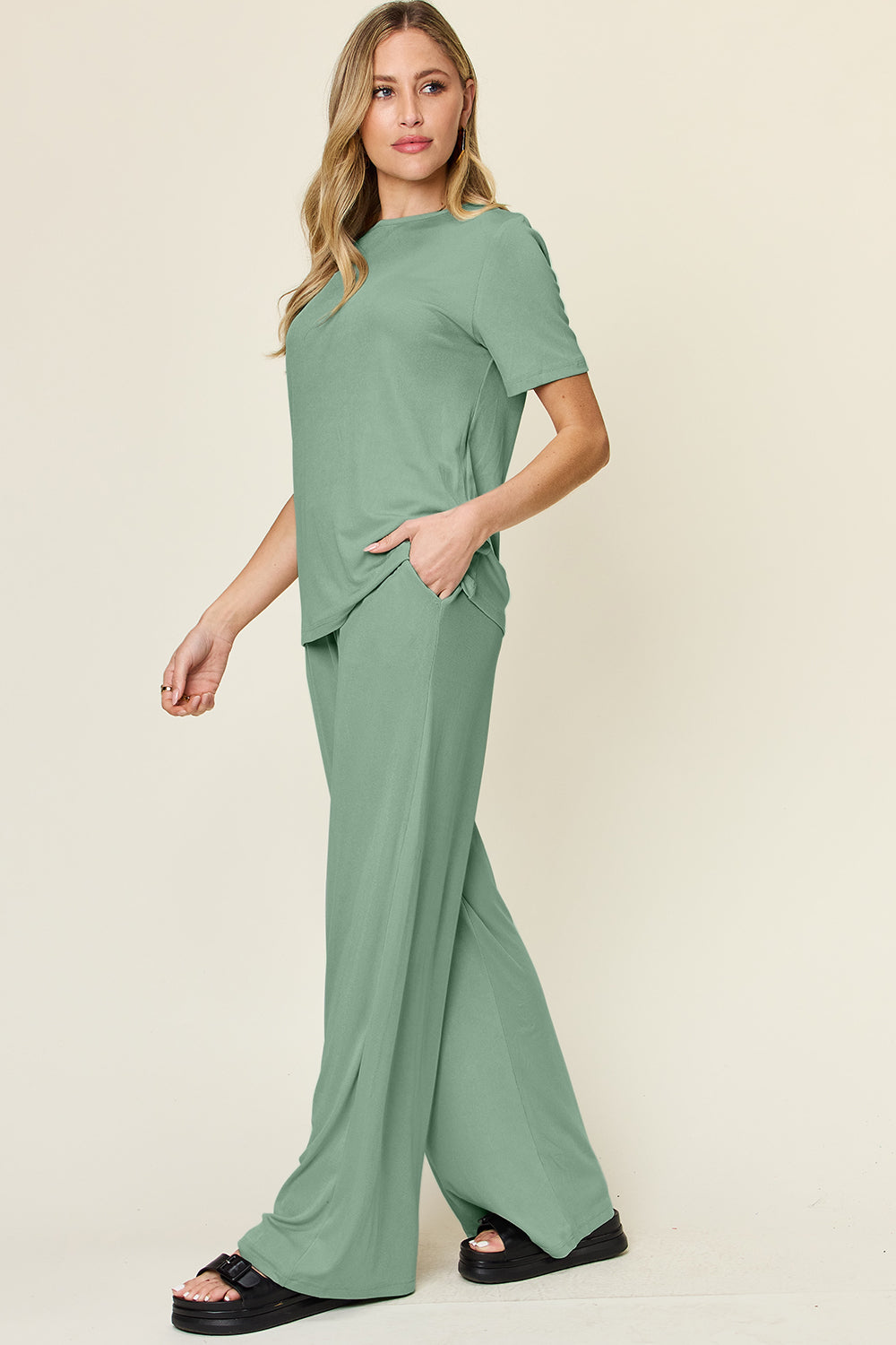 Light Green Double Take Full Size Round Neck Short Sleeve T Shirt And Wide Leg Pants Set