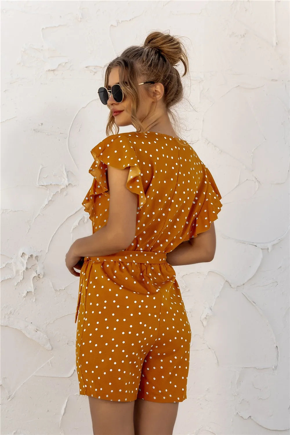 Mustard Ruffled Polka Dot Half Button Romper