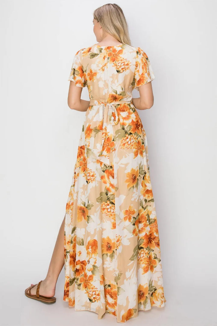 Orange Hyfve Floral Tie Back Short Sleeve Slit Maxi Dress