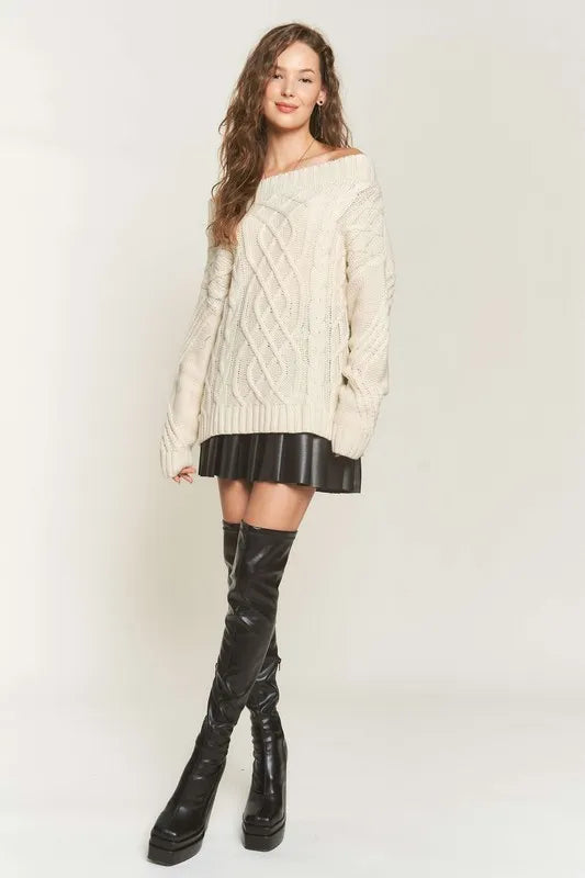 Ivory Adora Cable Knit Off Shoulder Sweater