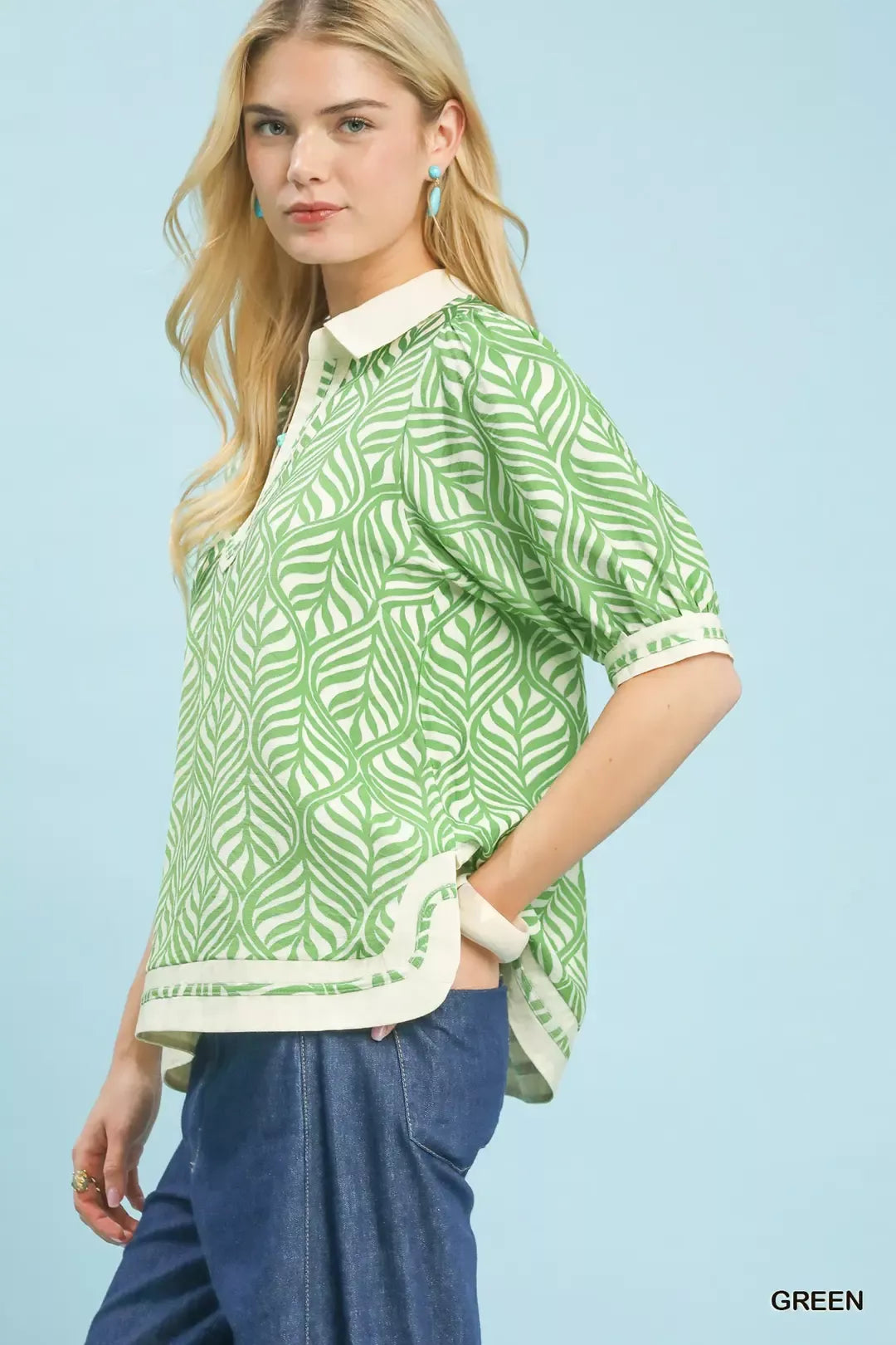 Green Umgee Geometric Leaf Print Popover Top 1