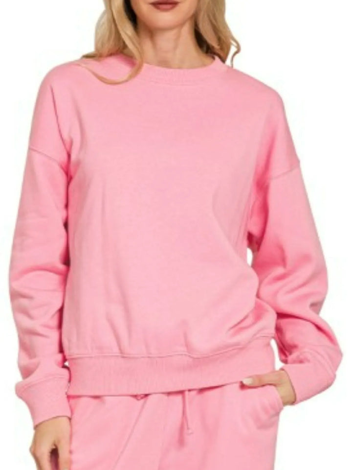 Dk Pink Zenana Fleece Long Sleeve Top And Sweatpants Set