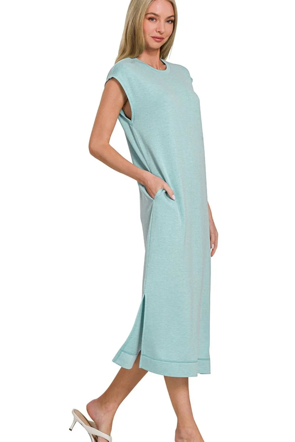 Dusty Teal Zenana French Terry Sleeveless Round Neck Midi Dress
