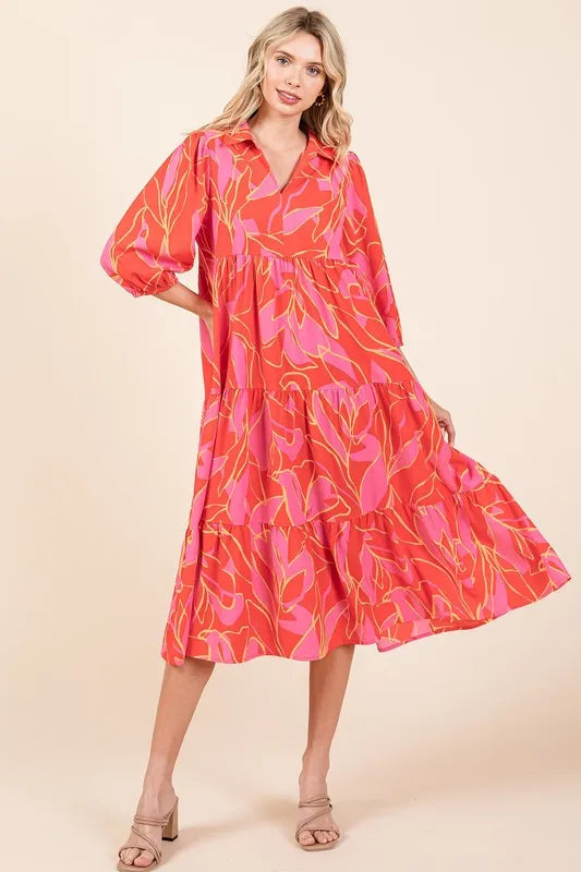 Coral Mittoshop Tiered Printed Collared Neck Midi Dress