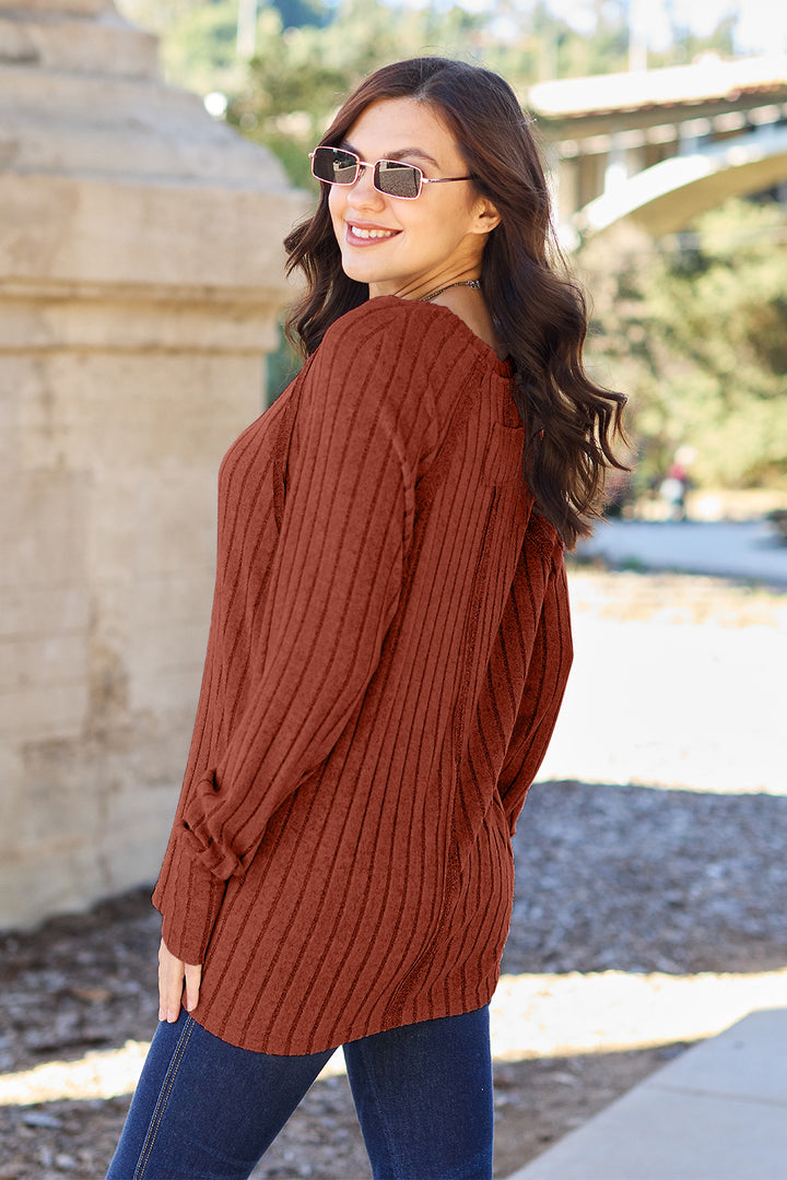 Khaki Basic Bae Full Size Ribbed Round Neck Long Sleeve Knit Top