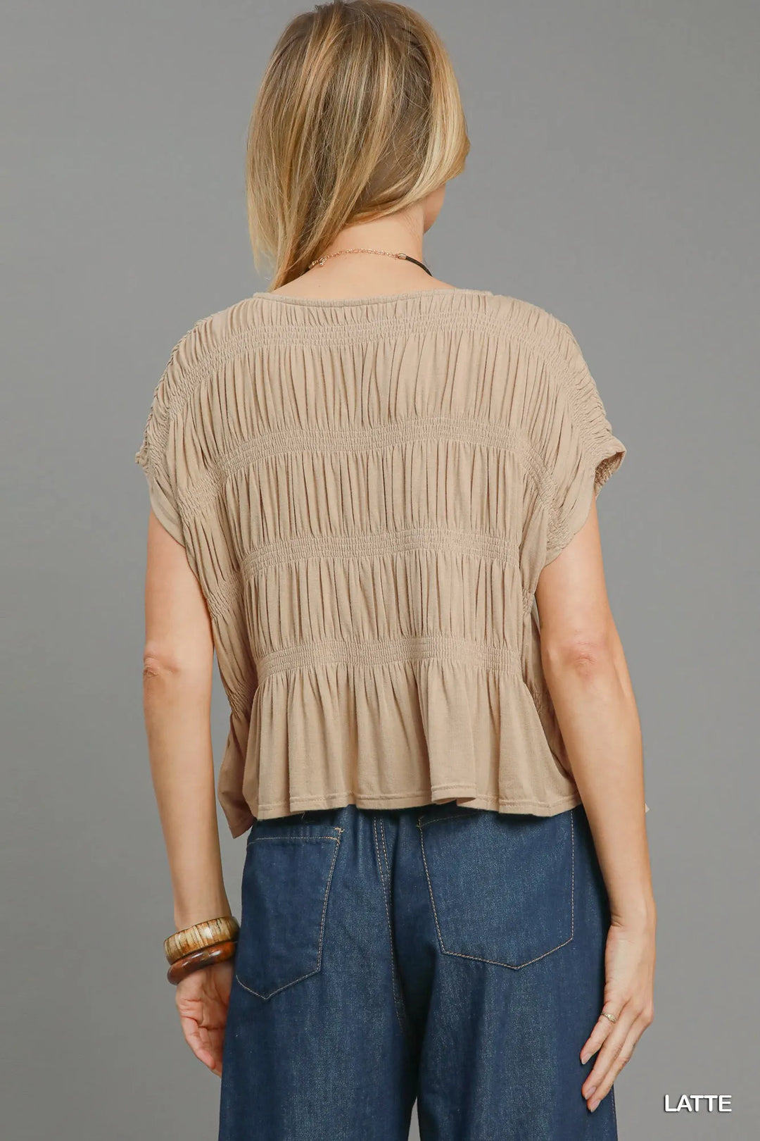 Umgee Short Sleeve Knit Smocked Top