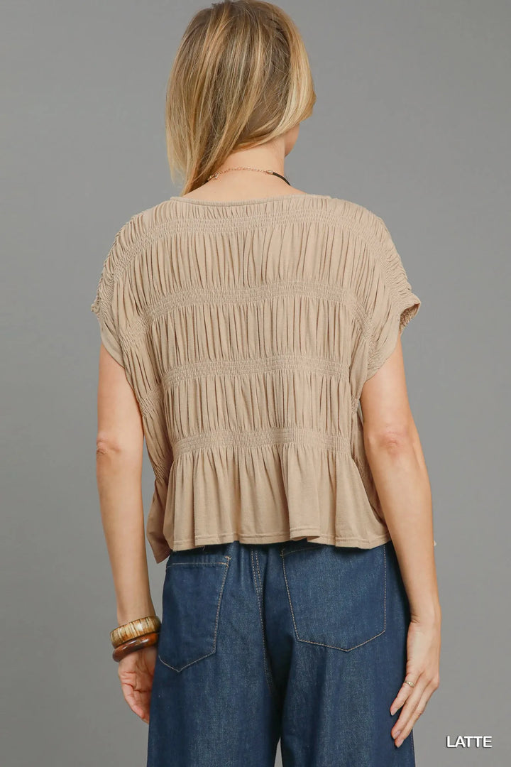 Umgee Short Sleeve Knit Smocked Top