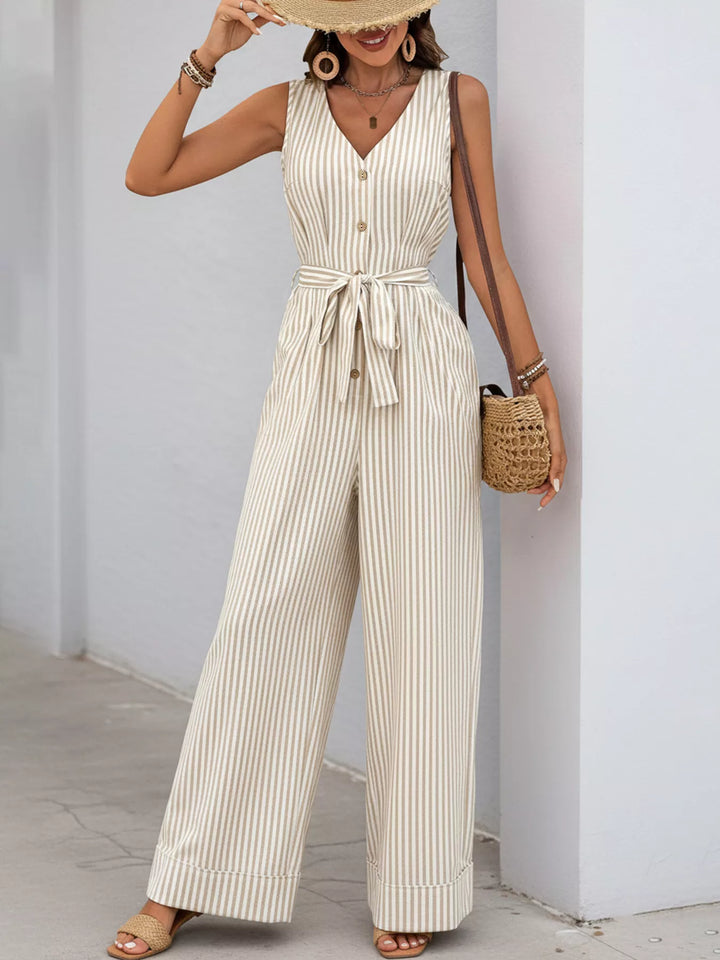 Khaki Striped Button Front Wide Leg Jumpsuit