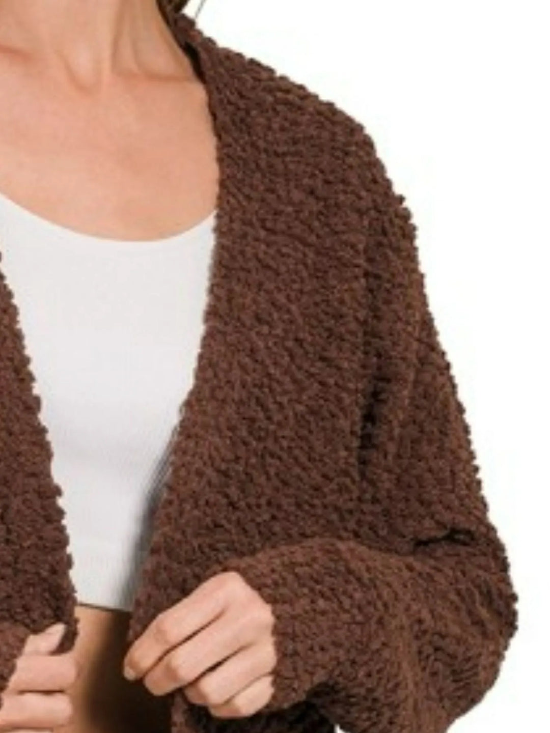 Brown Zenana Long Sleeve Popcorn Sweater Cardigan With Pockets