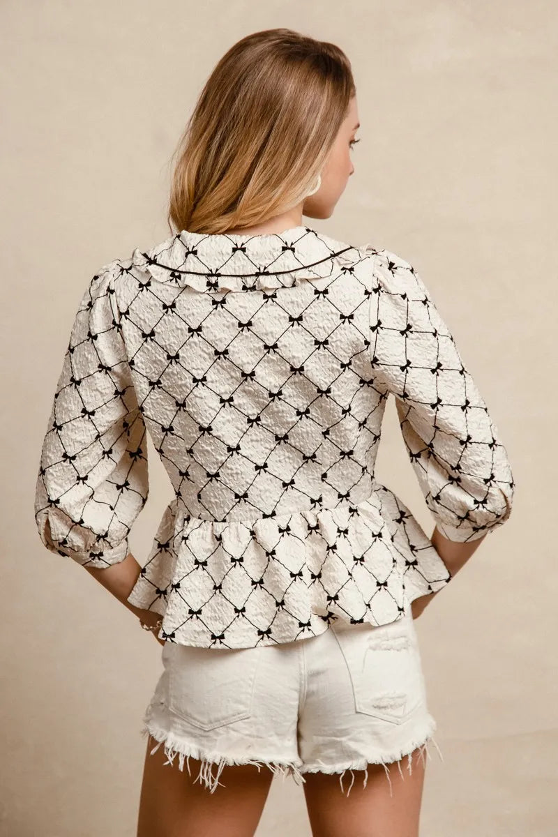 Bibi Bow Prints Patterns Ruffle Collar Details Peplum Top