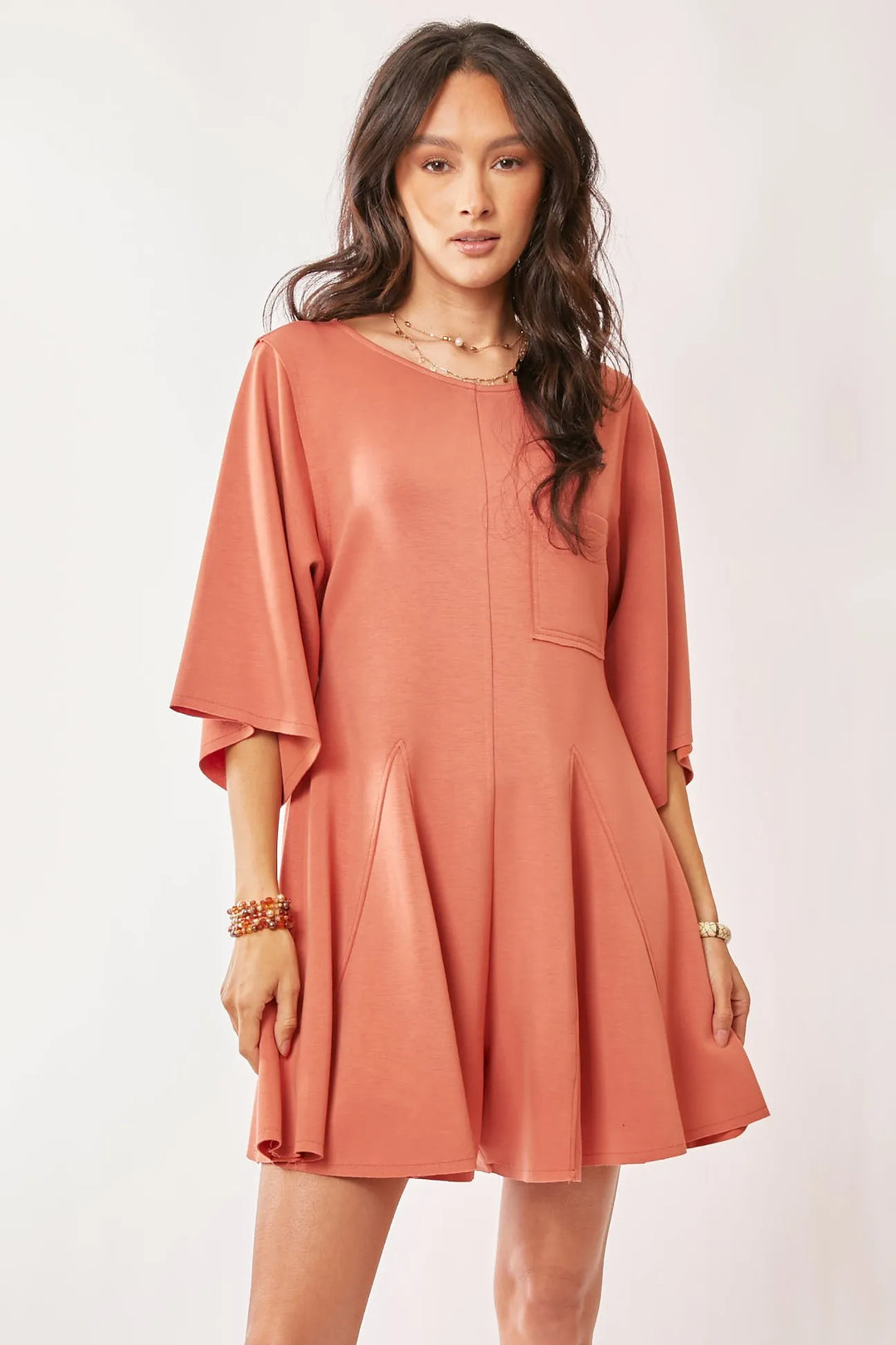 Salmon Davi Dani Solid Draped Sleeve Ties Back Skort Romper 2