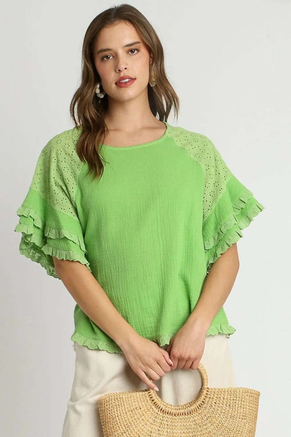 Lime Umgee Full Size Cotton Gauze Round Neck Ruffle Eyelet Layered Sleeve Blouse Plus Size