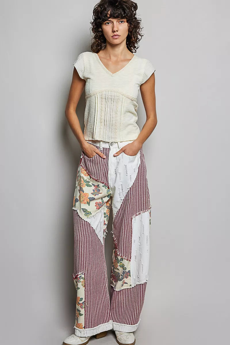 Pol V Neck Lightweight Textured Short Sleeve Knit Top With Lace Trim 4