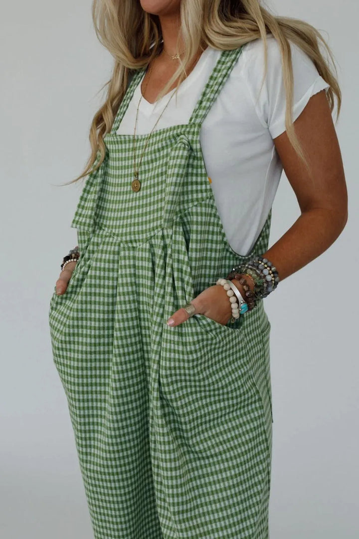 Lime Casual Gingham Wide Leg Overalls