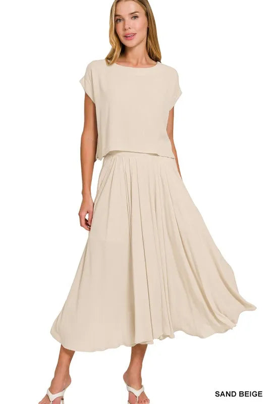 Sand Beige Zenana Woven Crinkle Gauze Crop Tee And Skirt Set 1