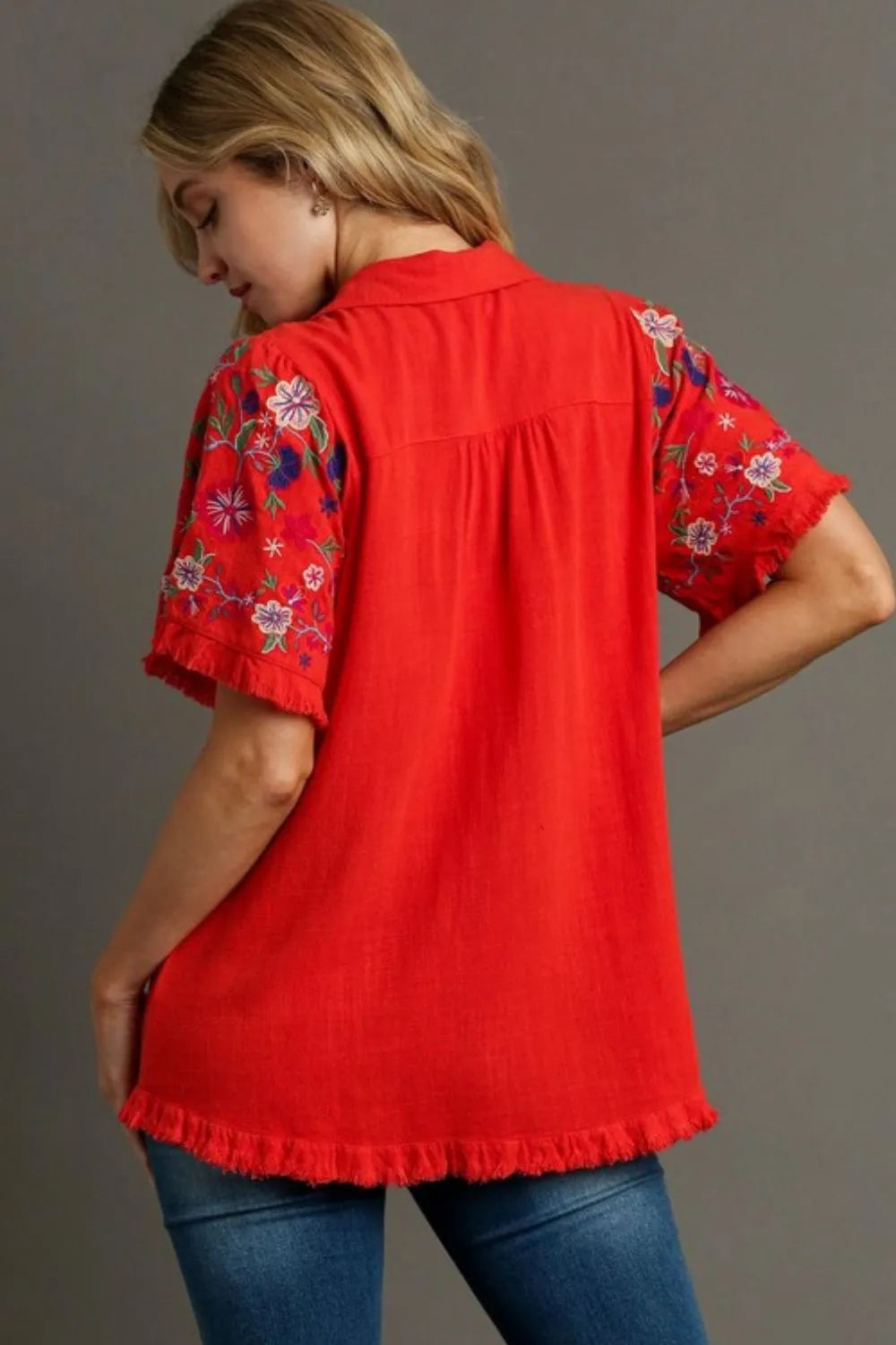 Red Umgee Full Size Linen Shirt With Embroidered Sleeves Plus Size 1