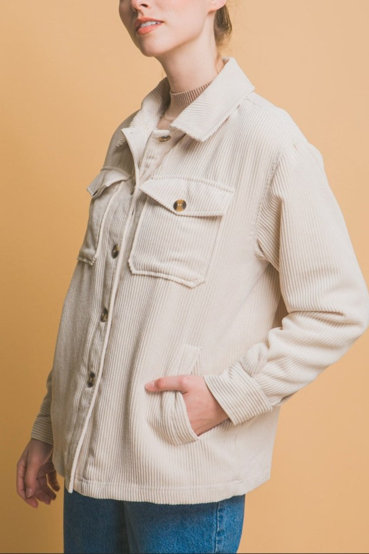 Cream Love Tree Corduroy Button Up Jacket With Sherpa Inside 1