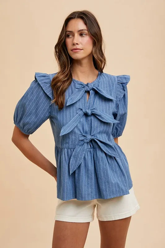 Medium Denim Annie Wear Stripe Front Bow Denim Peplum Blouse