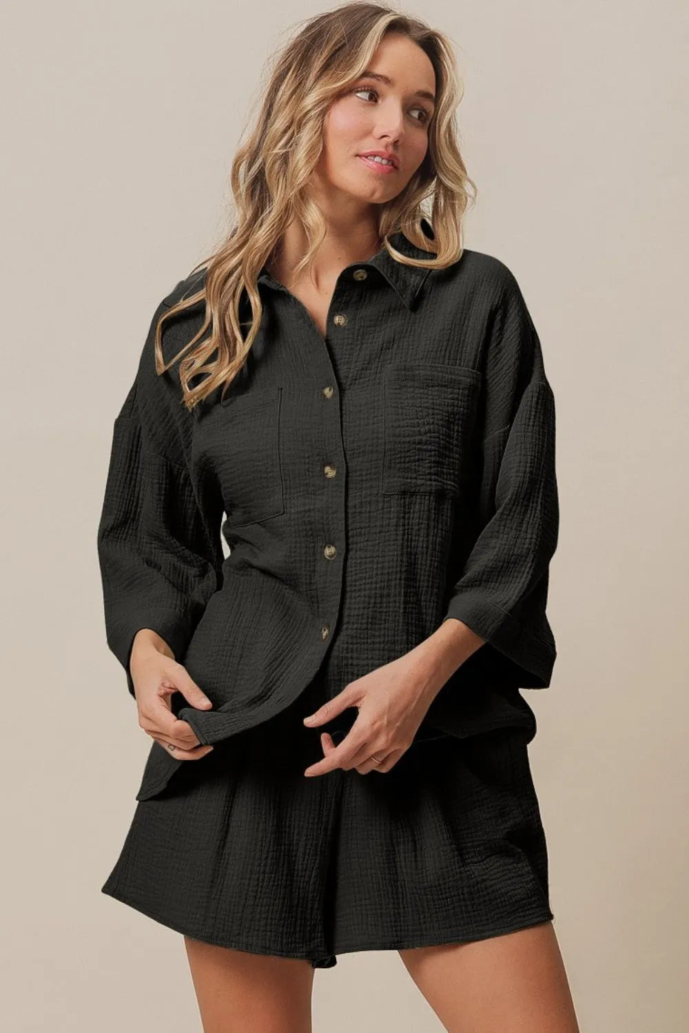 Black Bibi Crinkle Gauze Shirt And Short Set 1