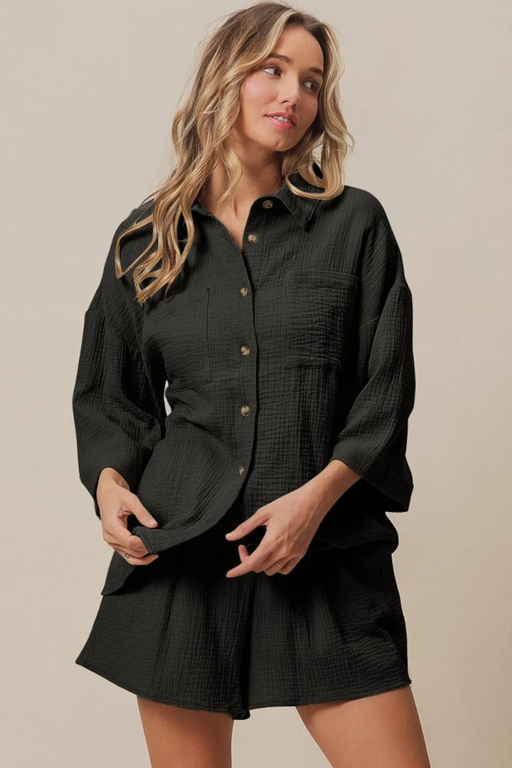 Black Bibi Crinkle Gauze Shirt And Short Set 1