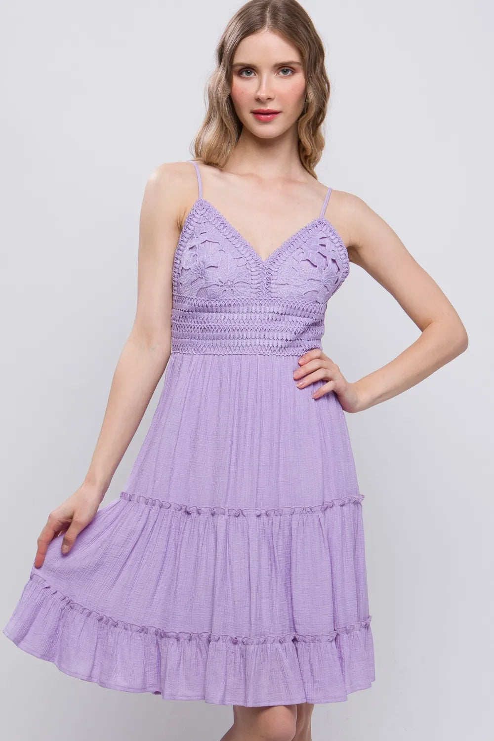 Lavender Love Tree Lace Detail Tied V Neck Mini Cami Dress