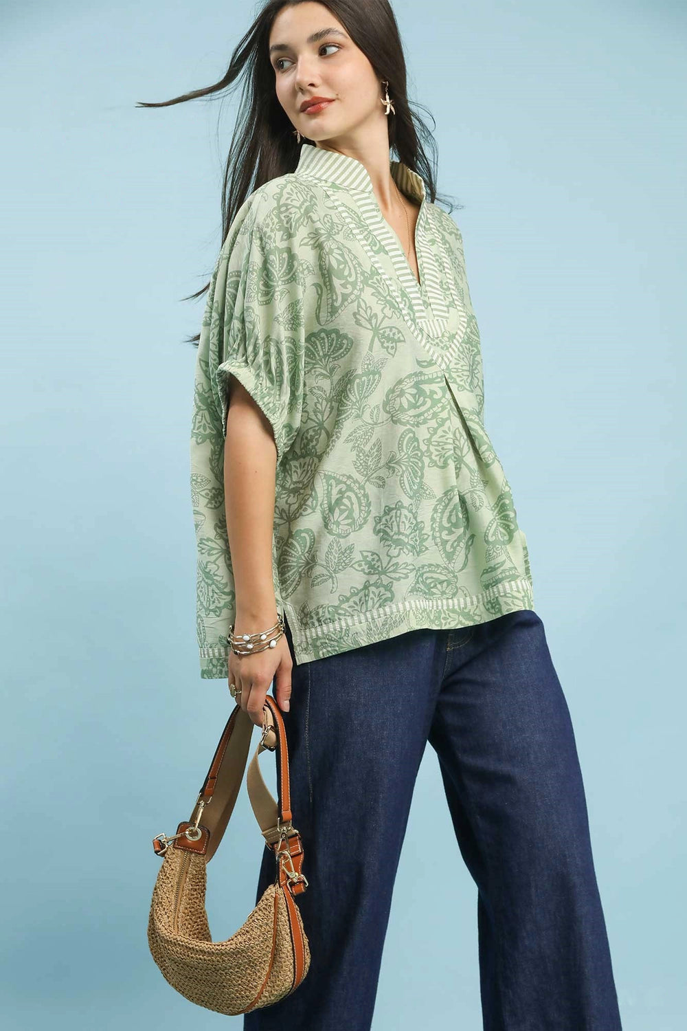 Sage Umgee Botanical Print Mixed Trim Tunic Top 1