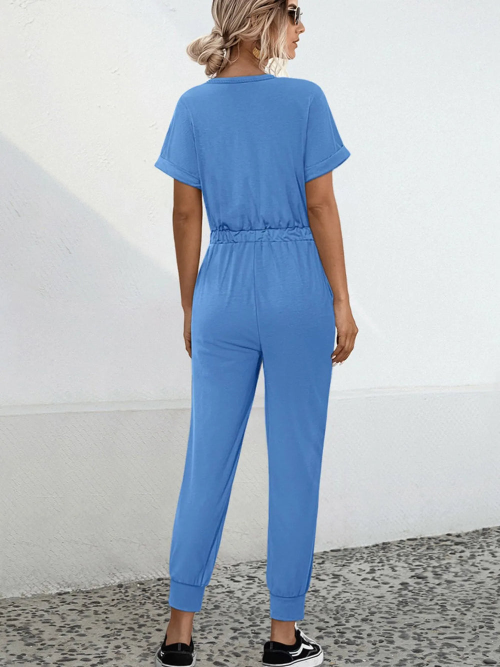 Sky Blue Drawstring Waist Short Sleeve Jumpsuit