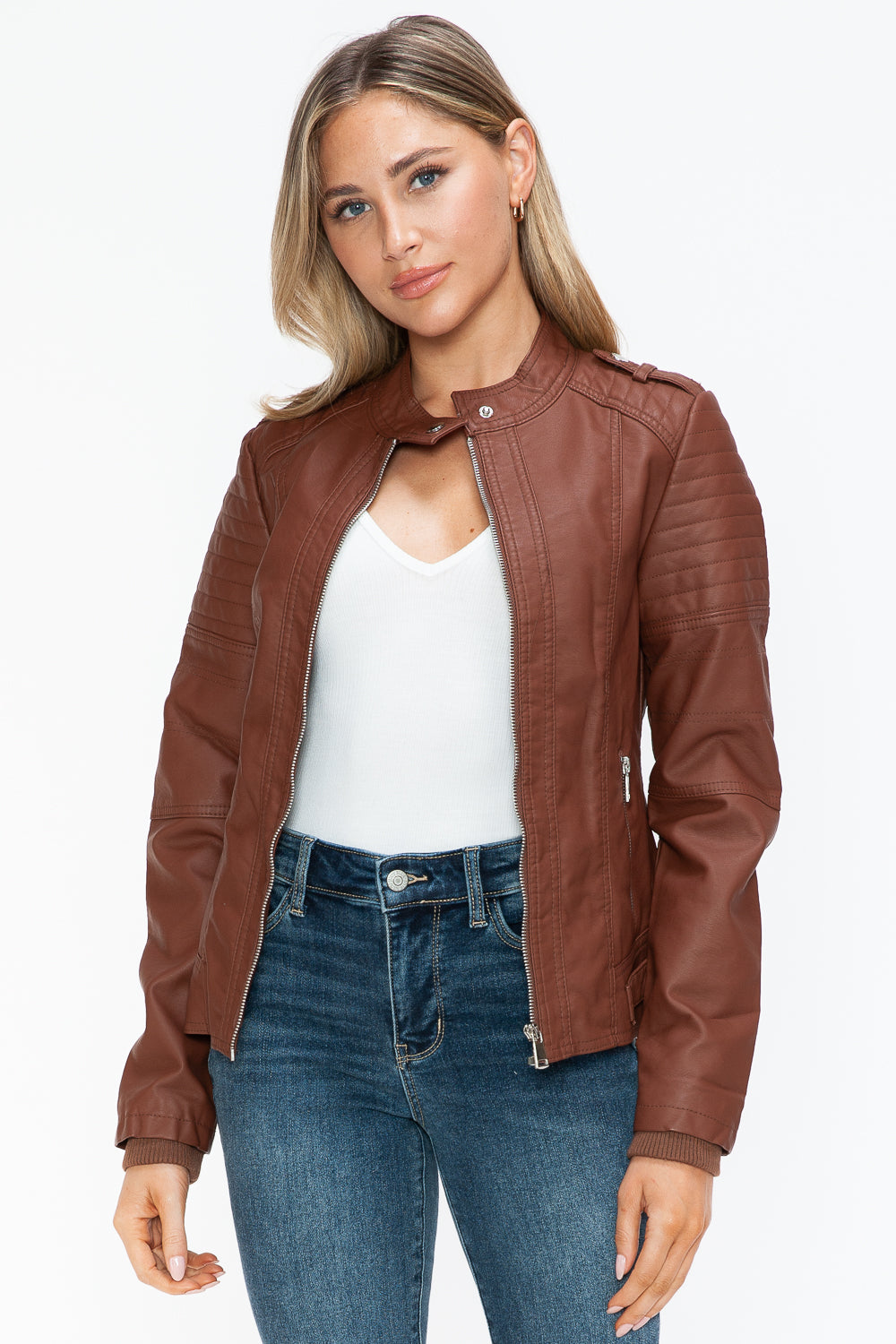 Brandy Snobbish Pu Leather Biker Jacket With Side Zip Pockets 4