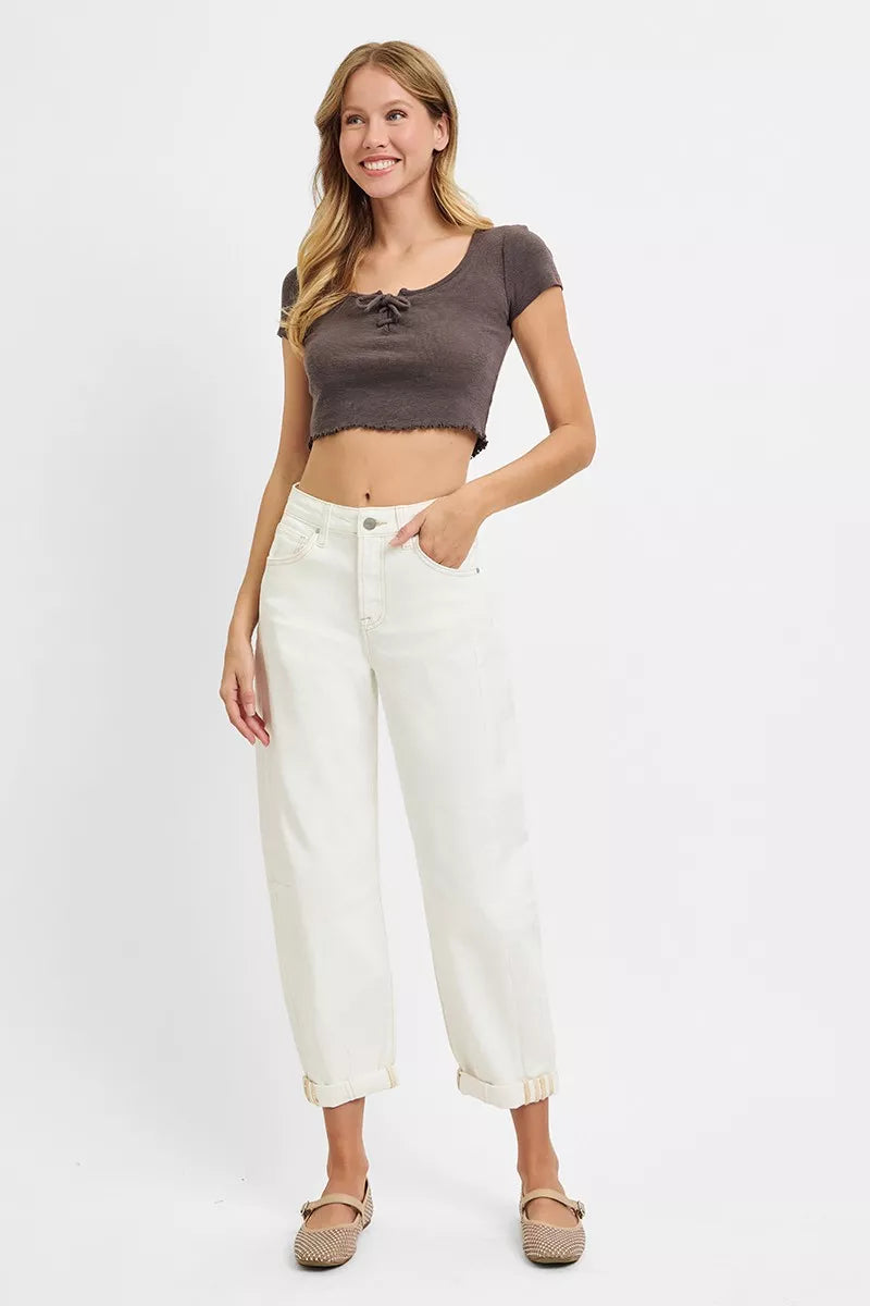 Cream Risen Full Size High Rise Barrel Cropped Jeans Plus Size