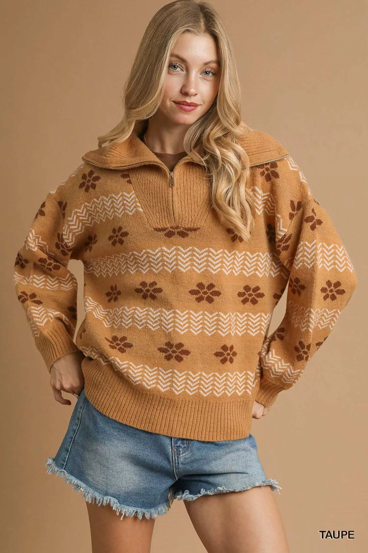 Taupe Umgee Floral Patterned Jacquard Quarter Zip Pullover Sweater