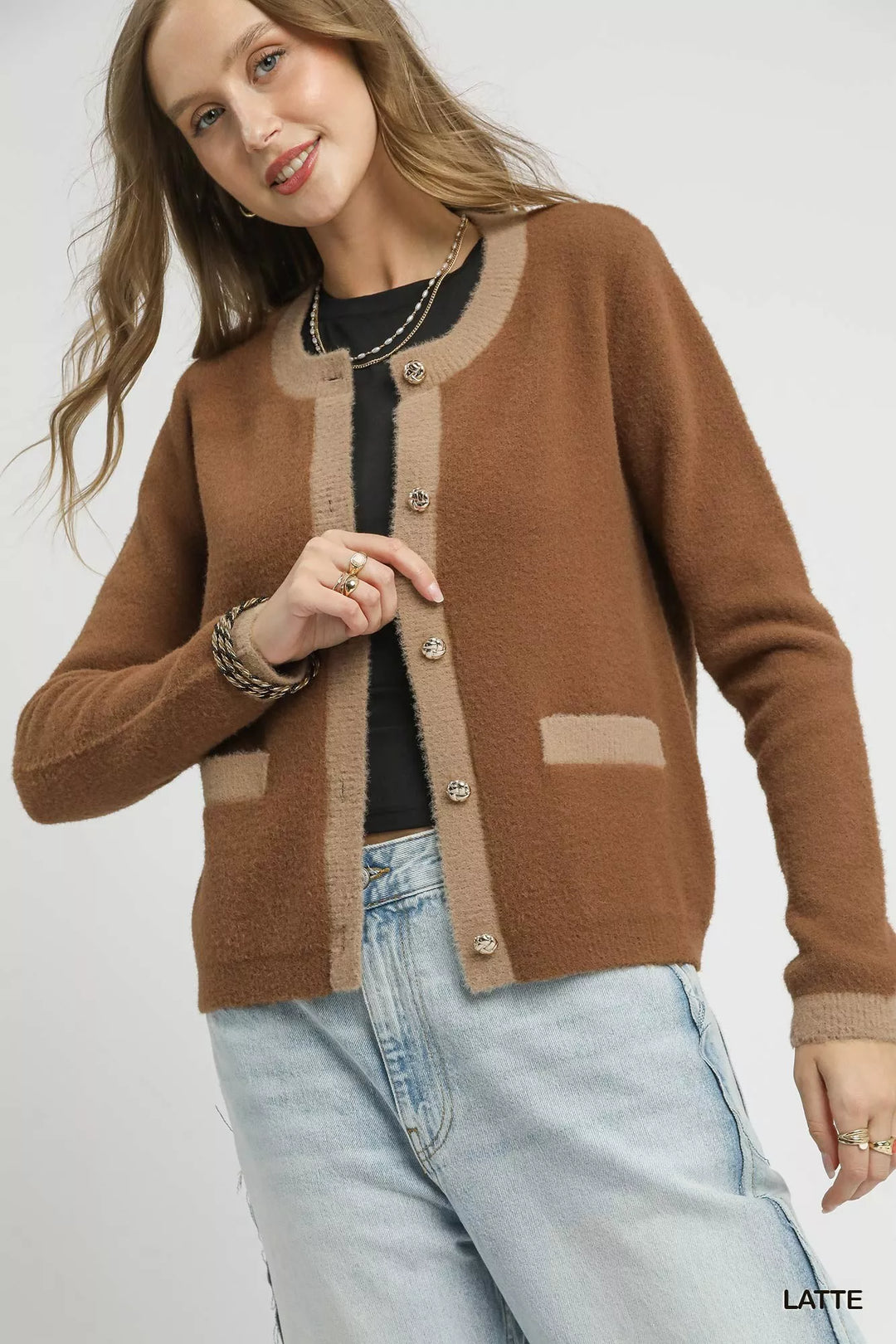 Latte Umgee Two Tone Button Front Cardigan 1