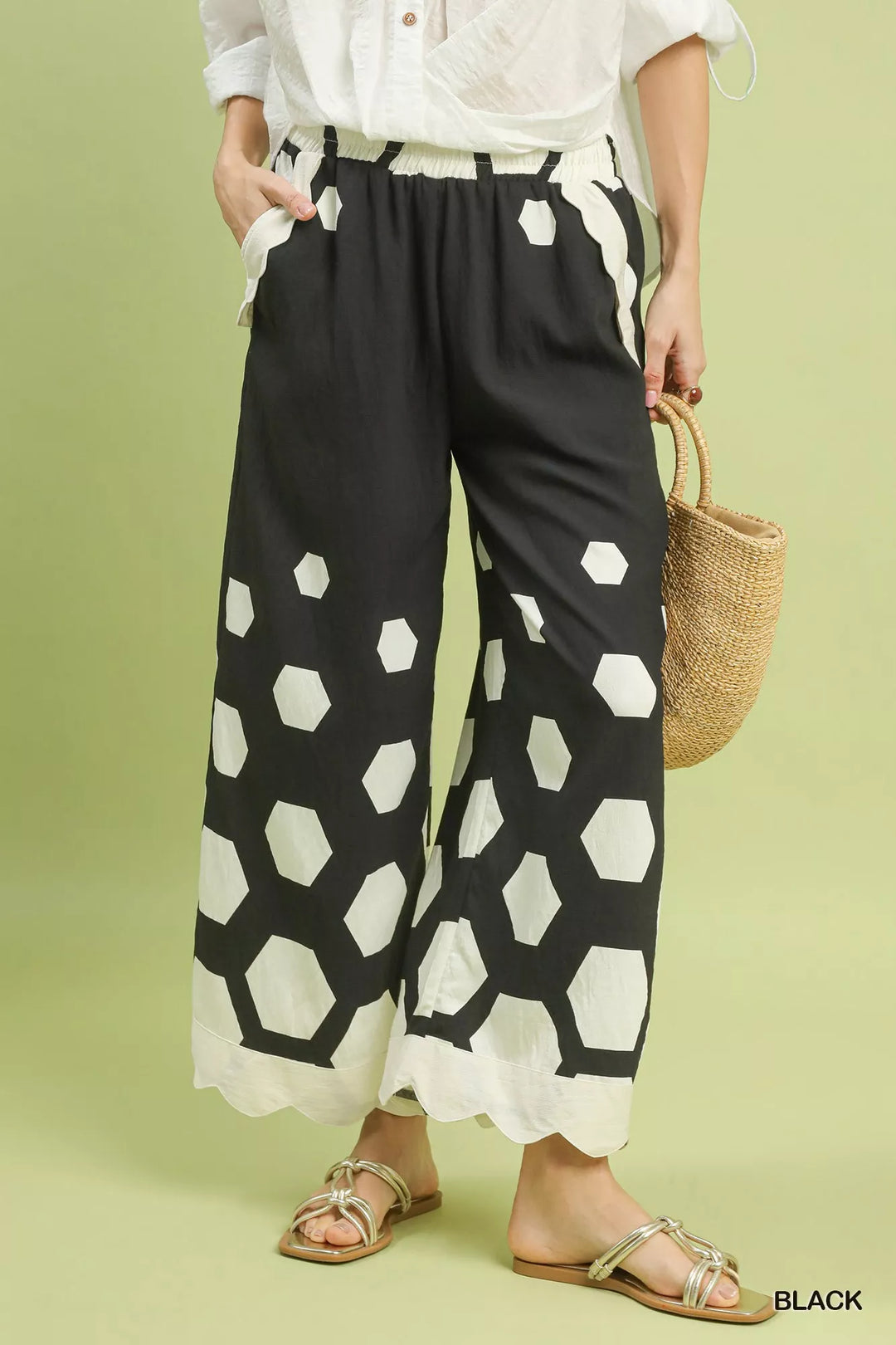 Black Umgee Hexagon Print Wide Leg Pants With Scalloped Hem
